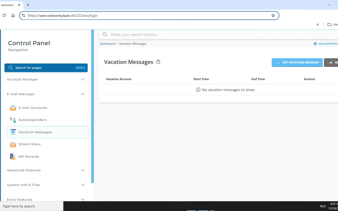 Vakantie meldingen DirectAdmin