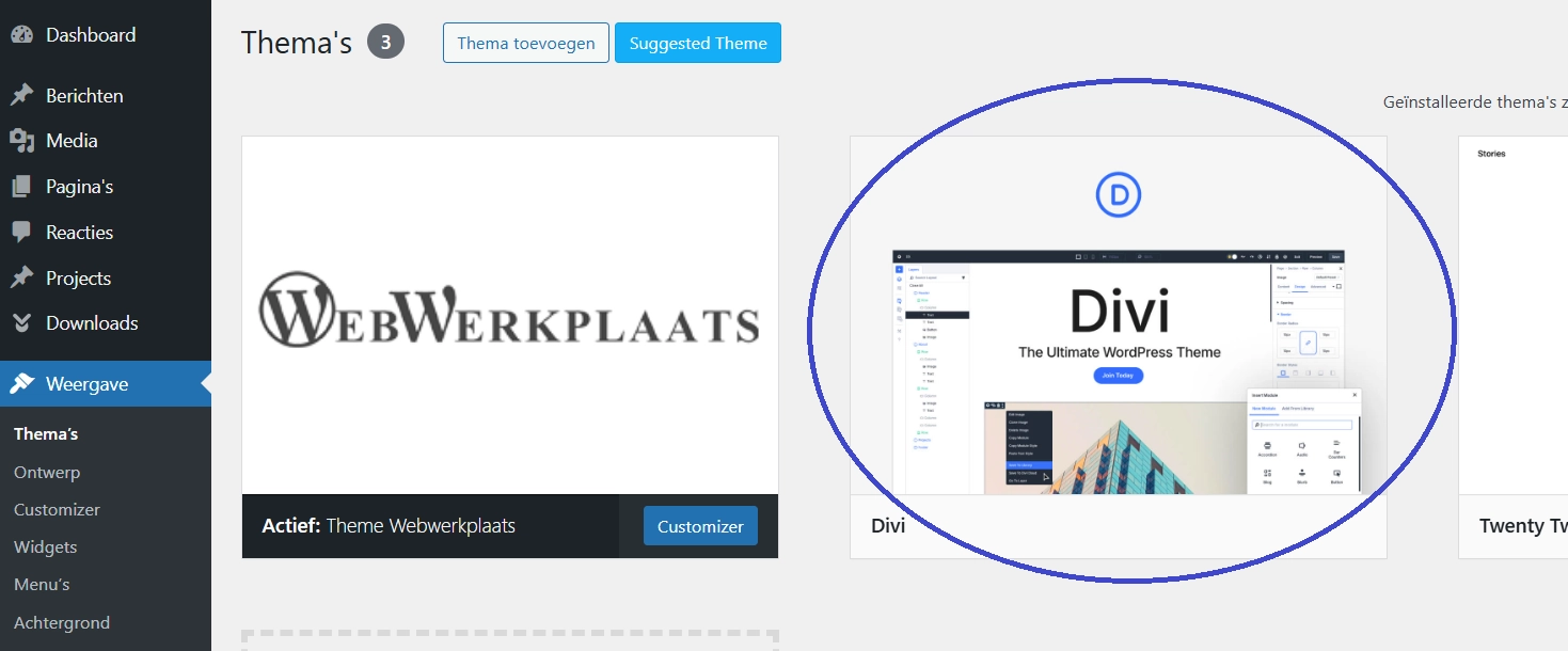 Controleren of Divi 5 het actieve Thema is