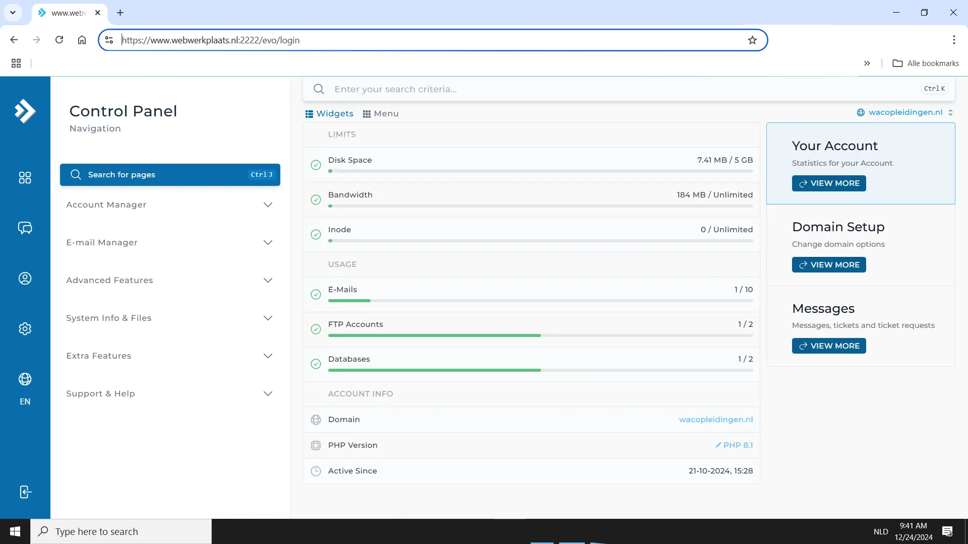 DirectAdmin Hoofd Scherm