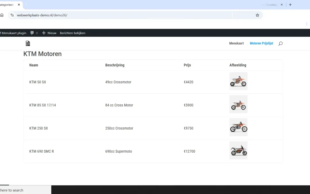 Menu Prijslijst plugin