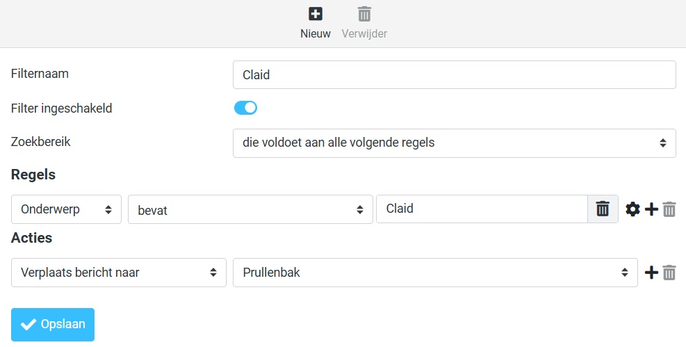 roundcube instellingen claid filter instellen prullenbak